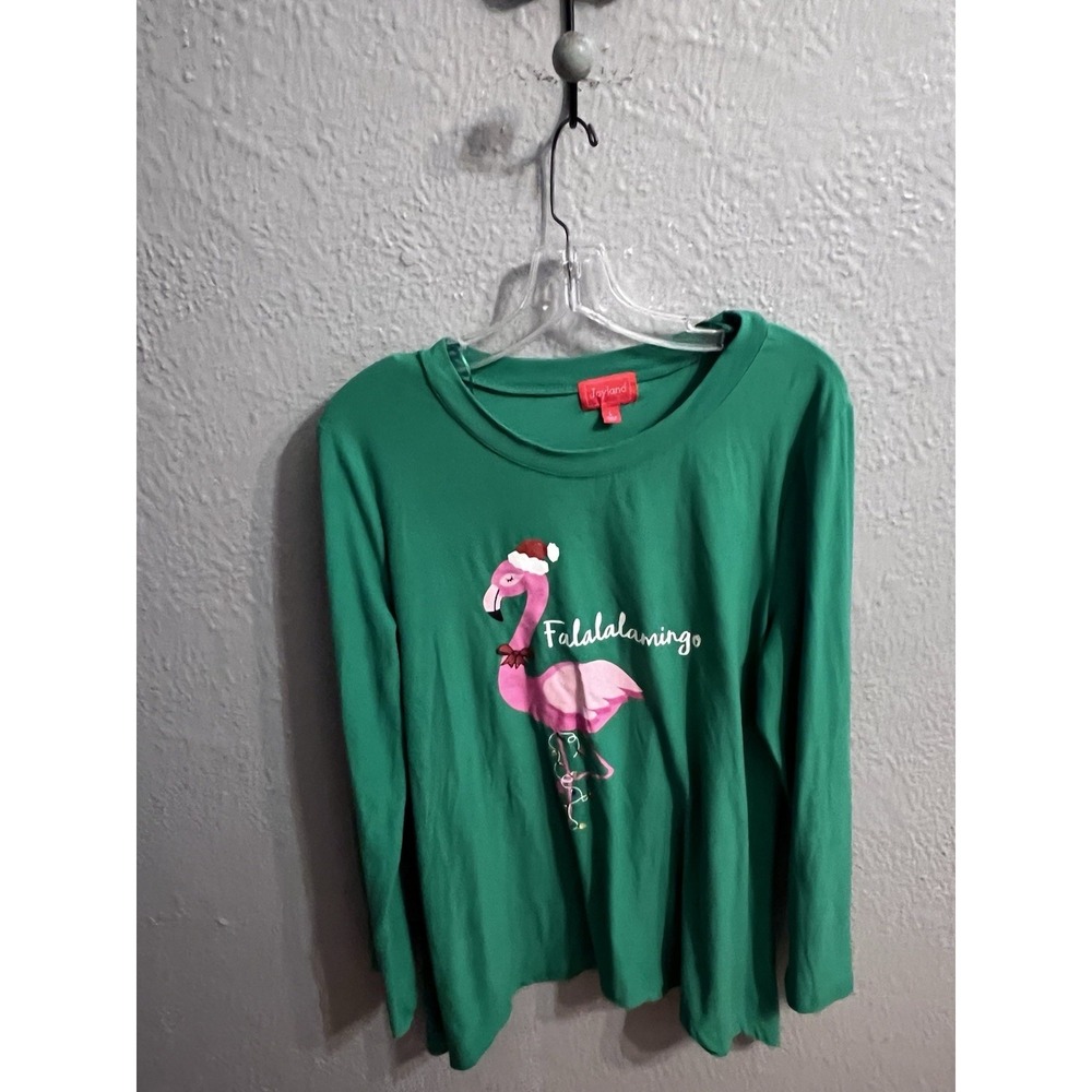 Joyland Green Women's Flamingo Pullover Christmas‎ Shirt Size Large Scoop Neck
